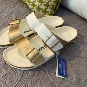 Birkenstock Dual-Tone White and Gold Sandals